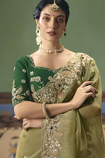 Olive designer embroidery fancy  occasion wear saree