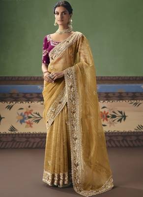 Golden designer embroidery fancy  occasion wear saree 1