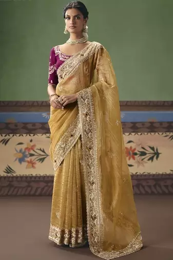 Golden designer embroidery fancy  occasion wear saree