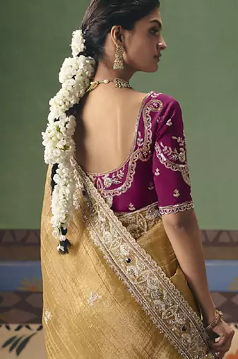 Golden designer embroidery fancy  occasion wear saree