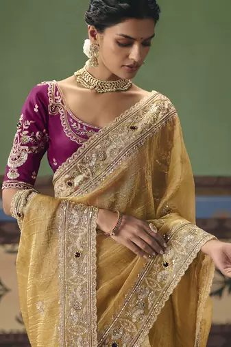 Golden designer embroidery fancy  occasion wear saree
