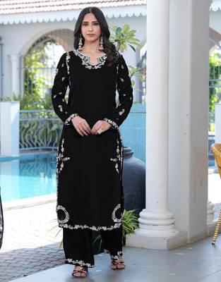 Black embroidered modal satin straight cut kurta culottes set 1