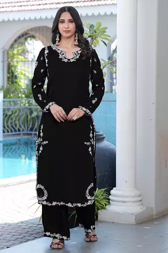 Black embroidered modal satin straight cut kurta culottes set