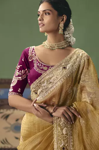 Golden designer embroidery fancy  occasion wear saree