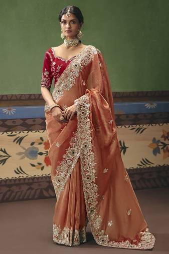 Orange designer embroidery fancy occasion wear saree
