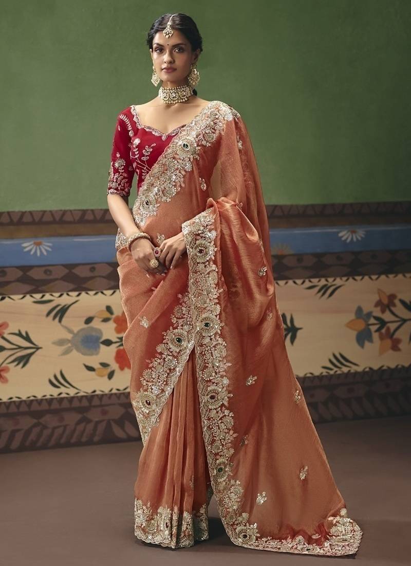 Orange designer embroidery fancy occasion wear saree