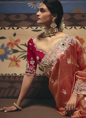 Orange designer embroidery fancy occasion wear saree 2