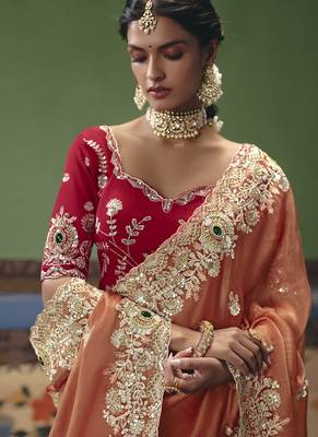 Orange designer embroidery fancy occasion wear saree 3