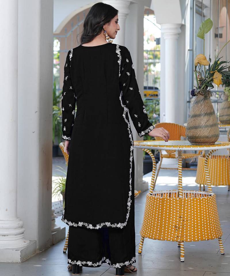 Black embroidered modal satin straight cut kurta culottes set