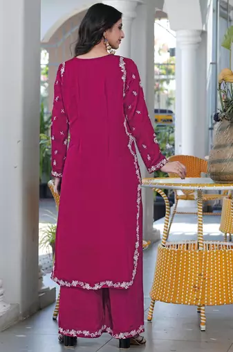 Magenta embroidered modal satin straight cut kurta