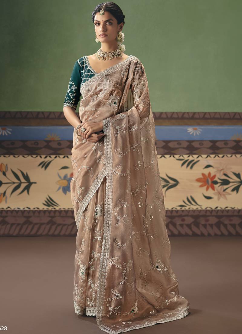 Beige designer embroidery fancy occasion wear saree