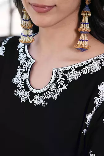 Black embroidered modal satin straight cut kurta culottes set