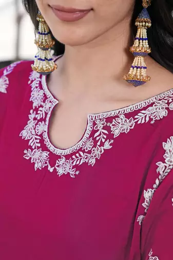 Magenta embroidered modal satin straight cut kurta
