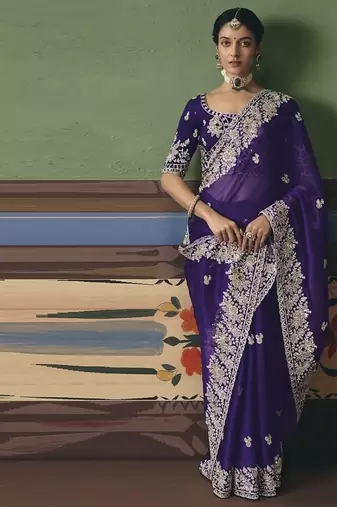 Purple designer embroidery fancy occasion wear saree