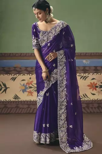 Purple designer embroidery fancy occasion wear saree