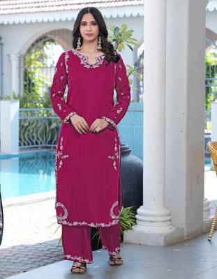 Magenta embroidered modal satin straight cut kurta culottes set 1