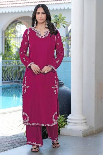 Magenta embroidered modal satin straight cut kurta culottes set