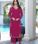 Magenta embroidered modal satin straight cut kurta culottes set
