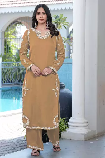 Light-brown embroidered modal satin straight cut kurta