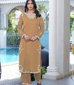 Light-brown embroidered modal satin straight cut kurta