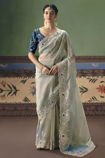 Silver designer embroidery fancy occasion wear saree