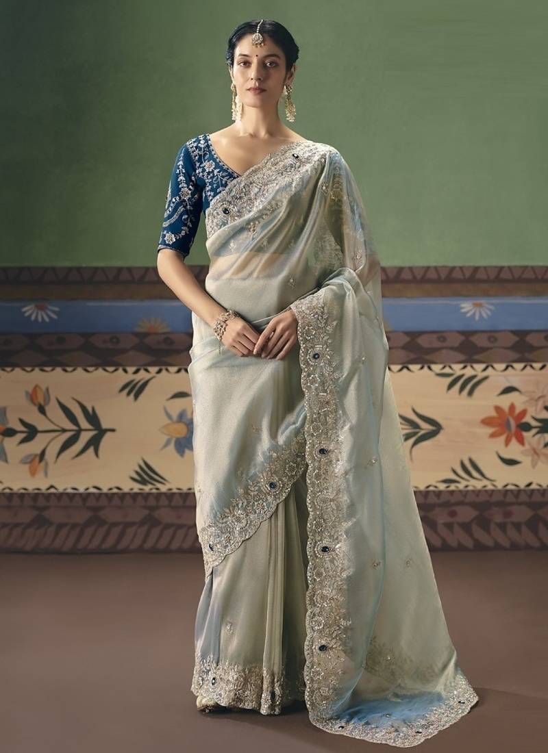 Silver designer embroidery fancy occasion wear saree
