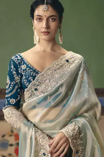 Silver designer embroidery fancy occasion wear saree