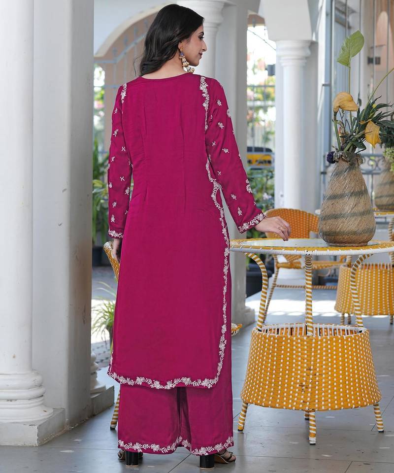 Magenta embroidered modal satin straight cut kurta culottes set