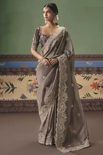 Chocolate designer embroidery fancy occasion wear saree