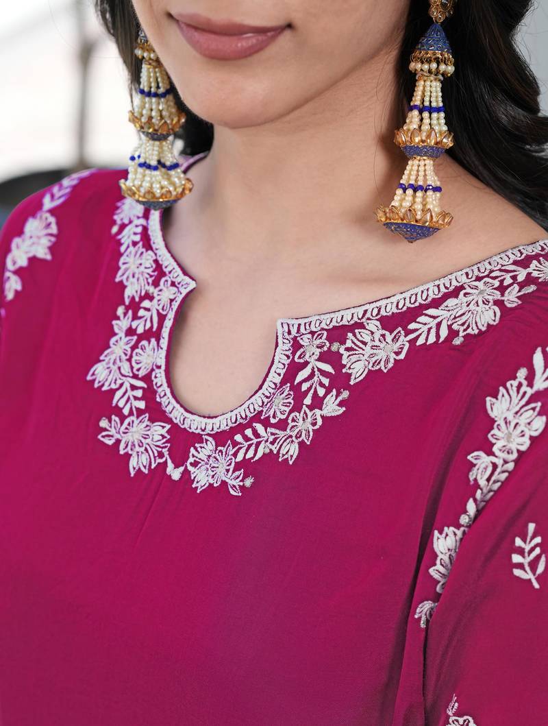 Magenta embroidered modal satin straight cut kurta culottes set