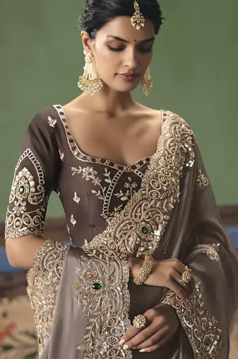 Chocolate designer embroidery fancy occasion wear saree