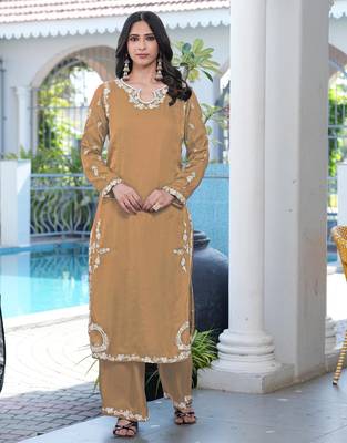 Light-brown embroidered modal satin straight cut kurta culottes set 1