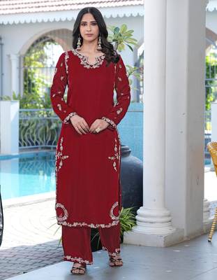Maroon embroidered modal satin straight cut kurta 1