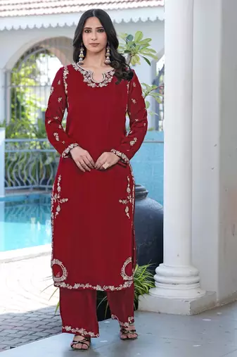 Maroon embroidered modal satin straight cut kurta