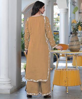 Light-brown embroidered modal satin straight cut kurta culottes set 2
