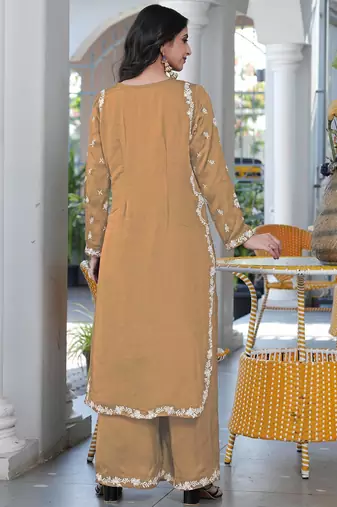 Light-brown embroidered modal satin straight cut kurta culottes set