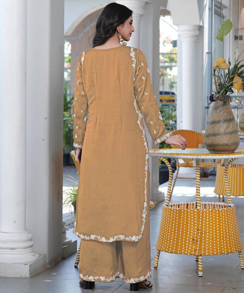 Light-brown embroidered modal satin straight cut kurta culottes set