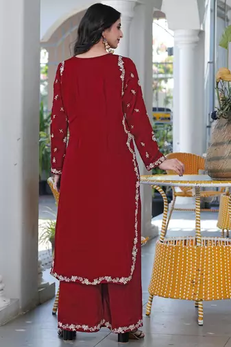 Maroon embroidered modal satin straight cut kurta