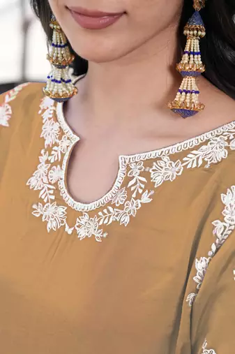 Light-brown embroidered modal satin straight cut kurta culottes set