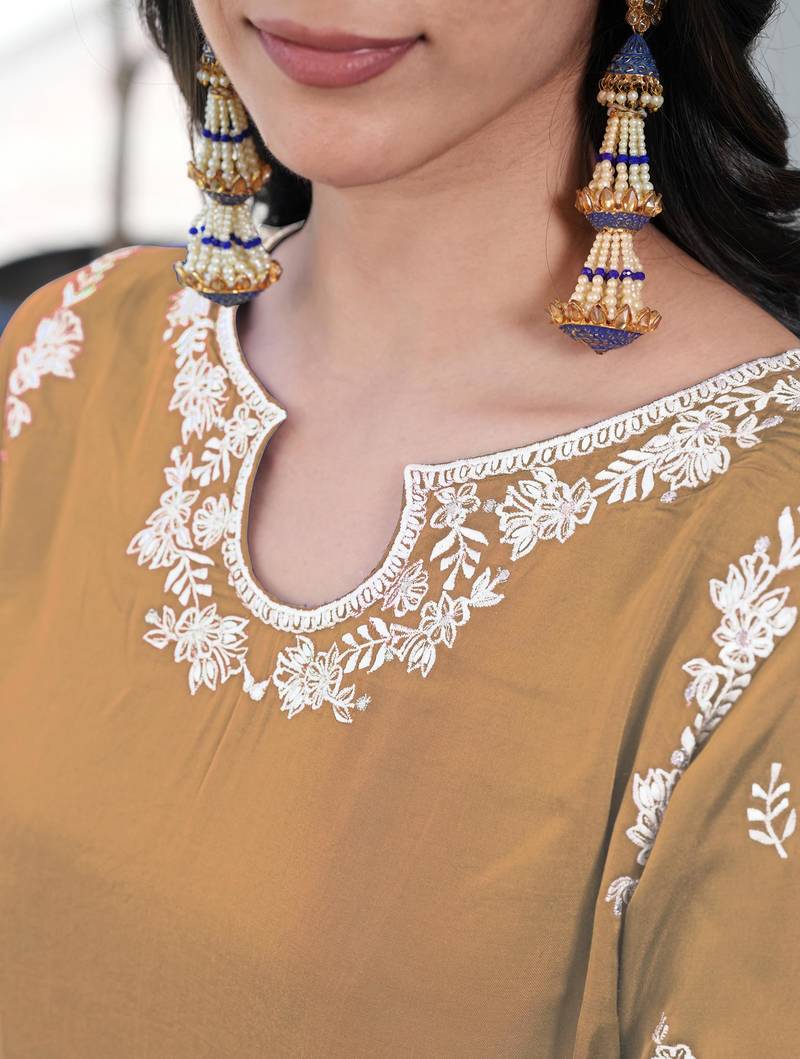 Light-brown embroidered modal satin straight cut kurta culottes set