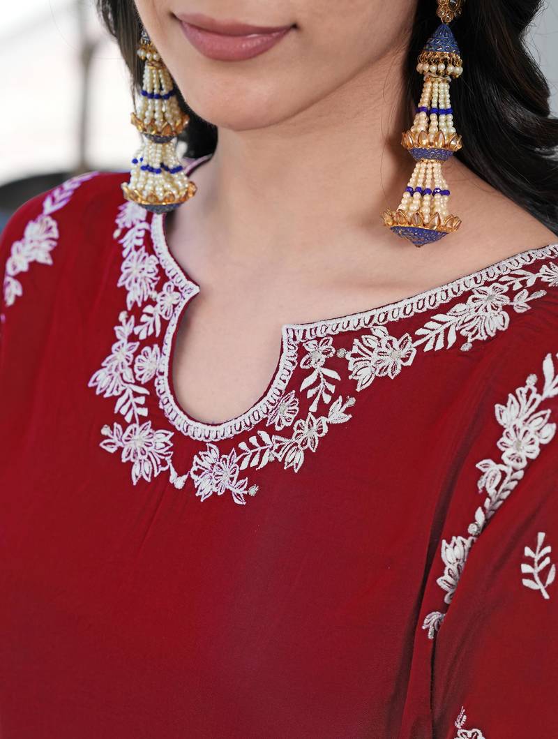 Maroon embroidered modal satin straight cut kurta