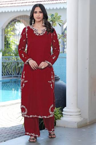 Maroon embroidered modal satin straight cut kurta culottes set