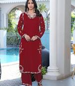 Maroon embroidered modal satin straight cut kurta culottes set