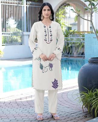 Cream embroidered art silk straight cut kurta 1