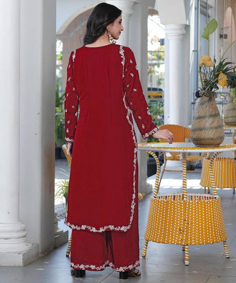 Maroon embroidered modal satin straight cut kurta culottes set