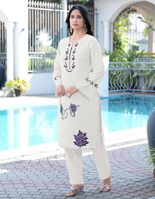 Cream embroidered art silk straight cut kurta 2