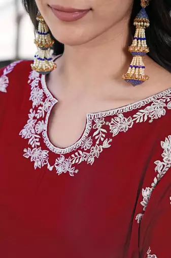 Maroon embroidered modal satin straight cut kurta culottes set