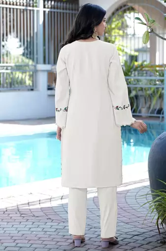 Cream embroidered art silk straight cut kurta