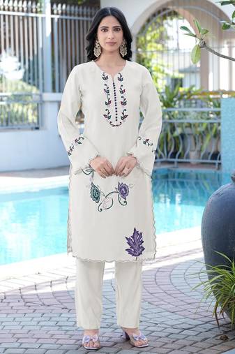 Cream embroidered art silk straight cut kurta pants set