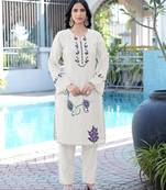 Cream embroidered art silk straight cut kurta pants set